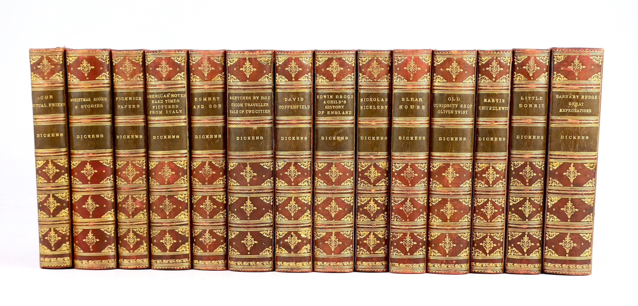 Dickens, Charles - Works - ‘’The Charles Dickens edition’’, 14 vols (of 21) 8vo, half red morocco, with marbled boards, Chapman and Hall, London, c. 1890